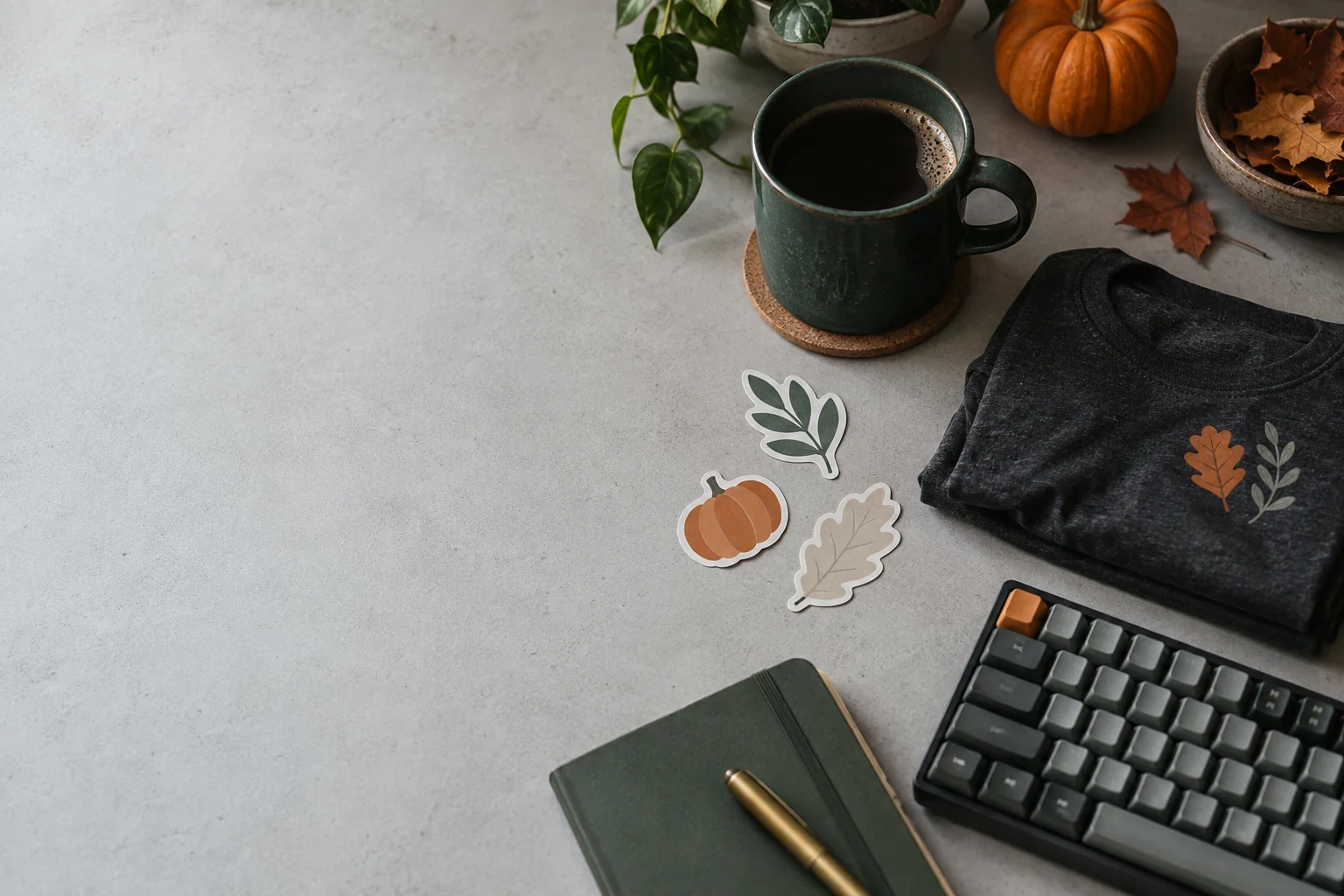 A contributor's desk with a keyboard, notebook, mug, stickers, and folded T-shirt